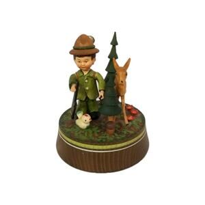Vtg Anri Little Boy in Woods w/ Deer & Bird Carved Music Box Plays Moulin Rouge